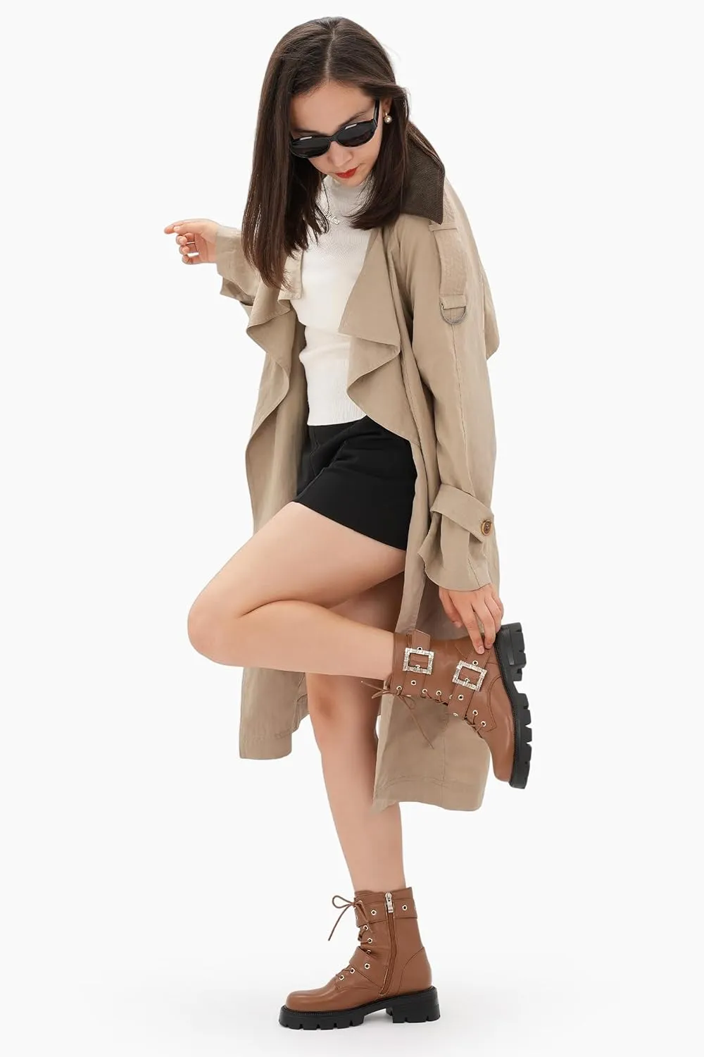 Women's Leather Platform Lug Sole Low Chunky Heel Combat Boots Lace Up Buckles Zipper Fashion Ankle Booties