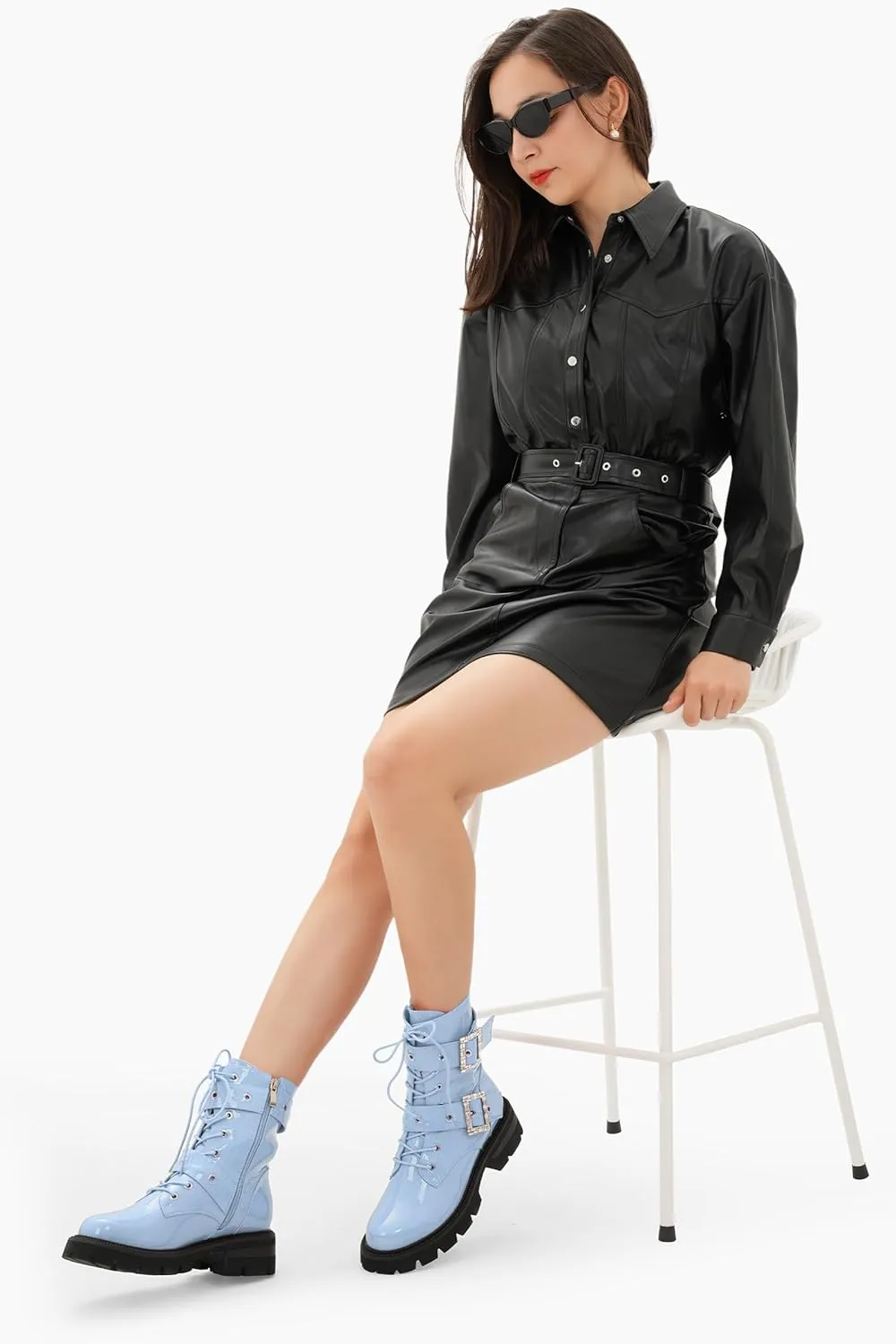 Women's Leather Platform Lug Sole Low Chunky Heel Combat Boots Lace Up Buckles Zipper Fashion Ankle Booties