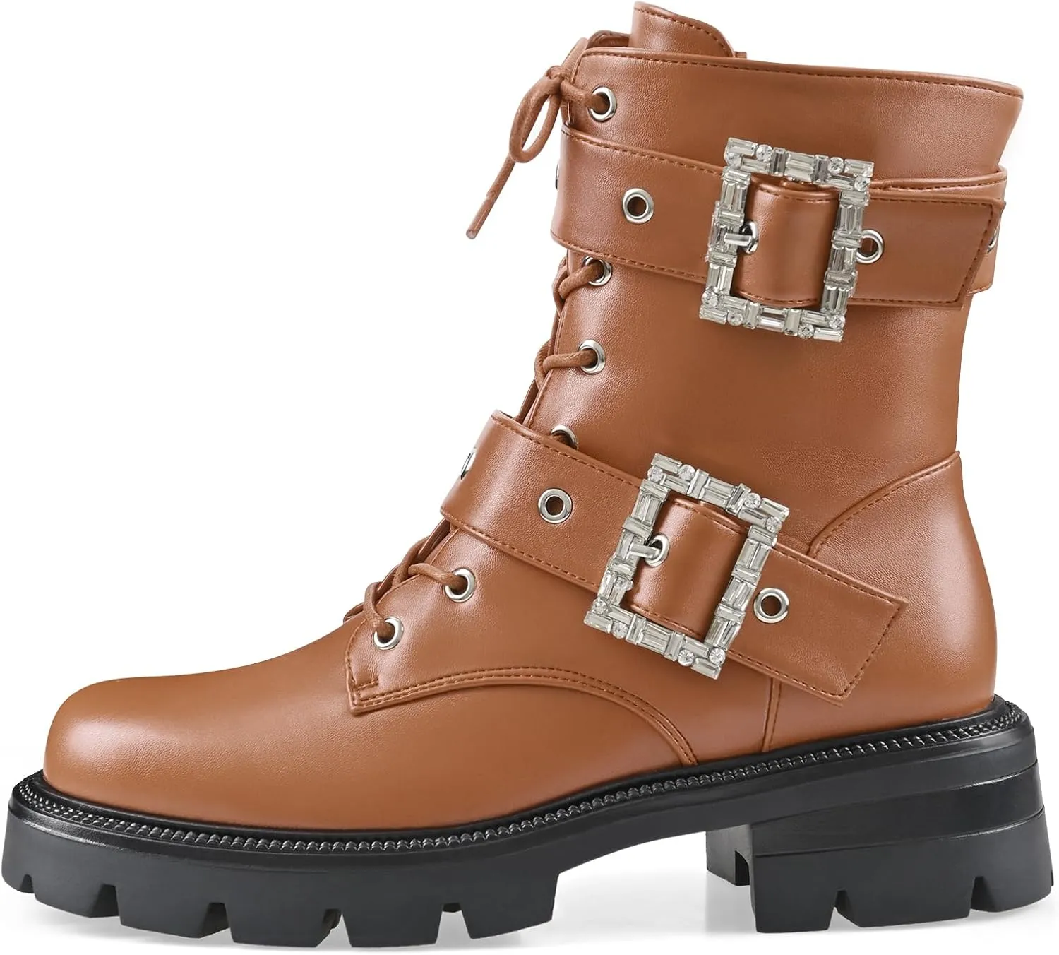 Women's Leather Platform Lug Sole Low Chunky Heel Combat Boots Lace Up Buckles Zipper Fashion Ankle Booties