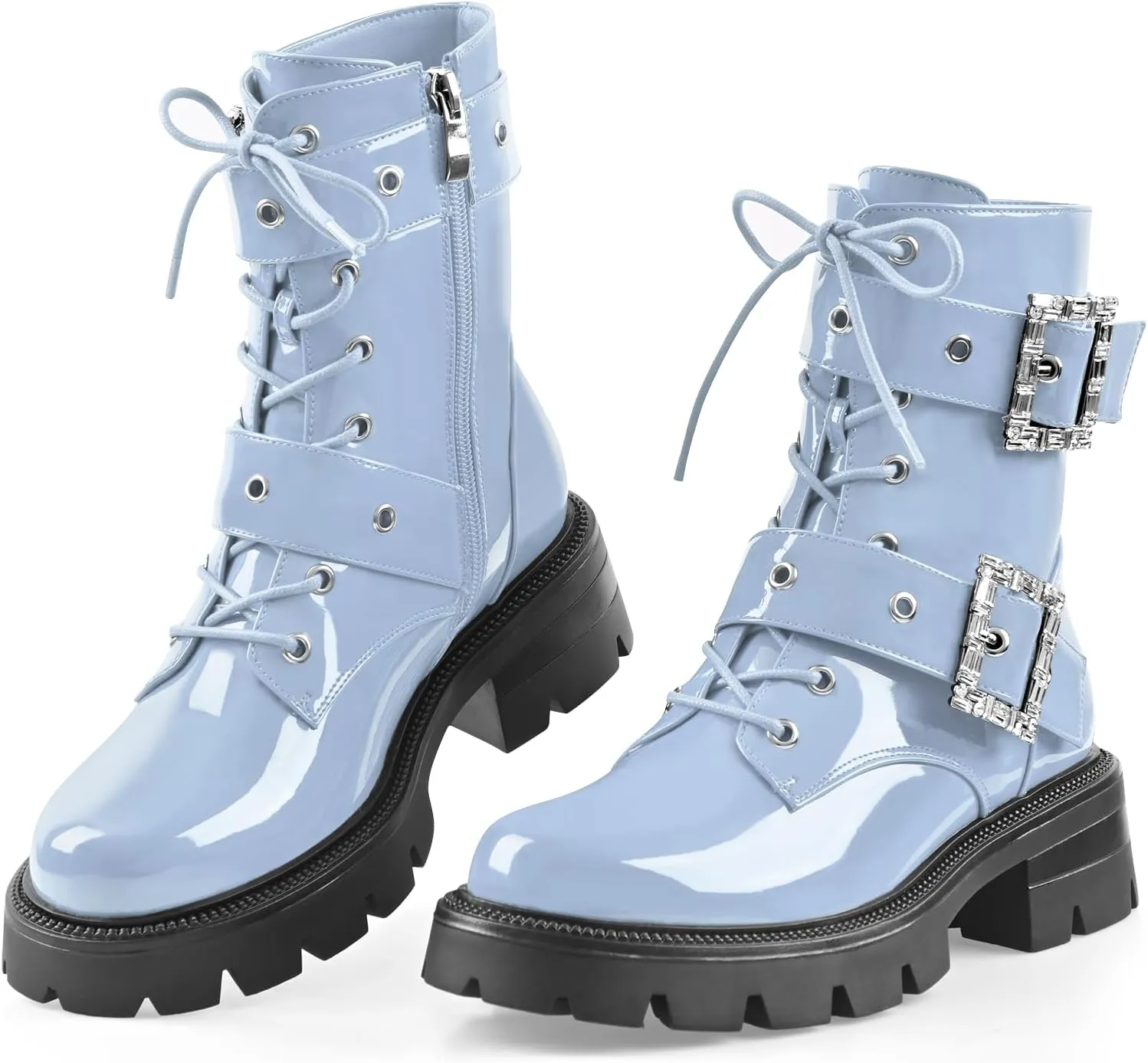 Women's Leather Platform Lug Sole Low Chunky Heel Combat Boots Lace Up Buckles Zipper Fashion Ankle Booties