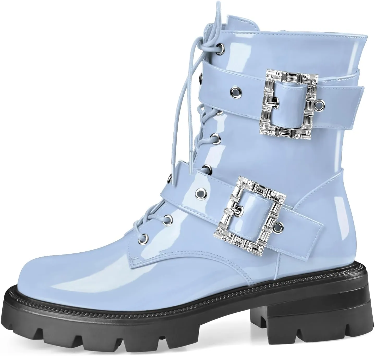 Women's Leather Platform Lug Sole Low Chunky Heel Combat Boots Lace Up Buckles Zipper Fashion Ankle Booties