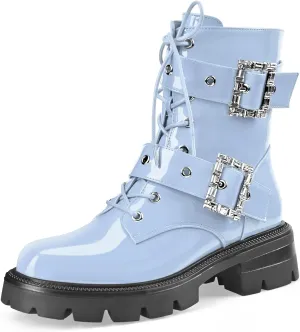 Women's Leather Platform Lug Sole Low Chunky Heel Combat Boots Lace Up Buckles Zipper Fashion Ankle Booties