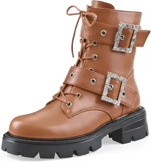 Women's Leather Platform Lug Sole Low Chunky Heel Combat Boots Lace Up Buckles Zipper Fashion Ankle Booties