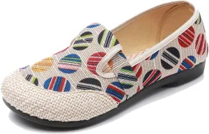 Womens Linen Slip on Canvas Casual Loafers,Cute Round Toe Flats Shoes,Speckled Color Woven Cloth Canvas Shoes