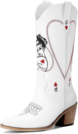 Women's Mid Calf Cowboy Boots - Western Cowgirl Boots with Queen of Hearts Embroidery, Stitched Pointed Toe Pull On Retro Style, Perfect for Parties, Concerts, and More