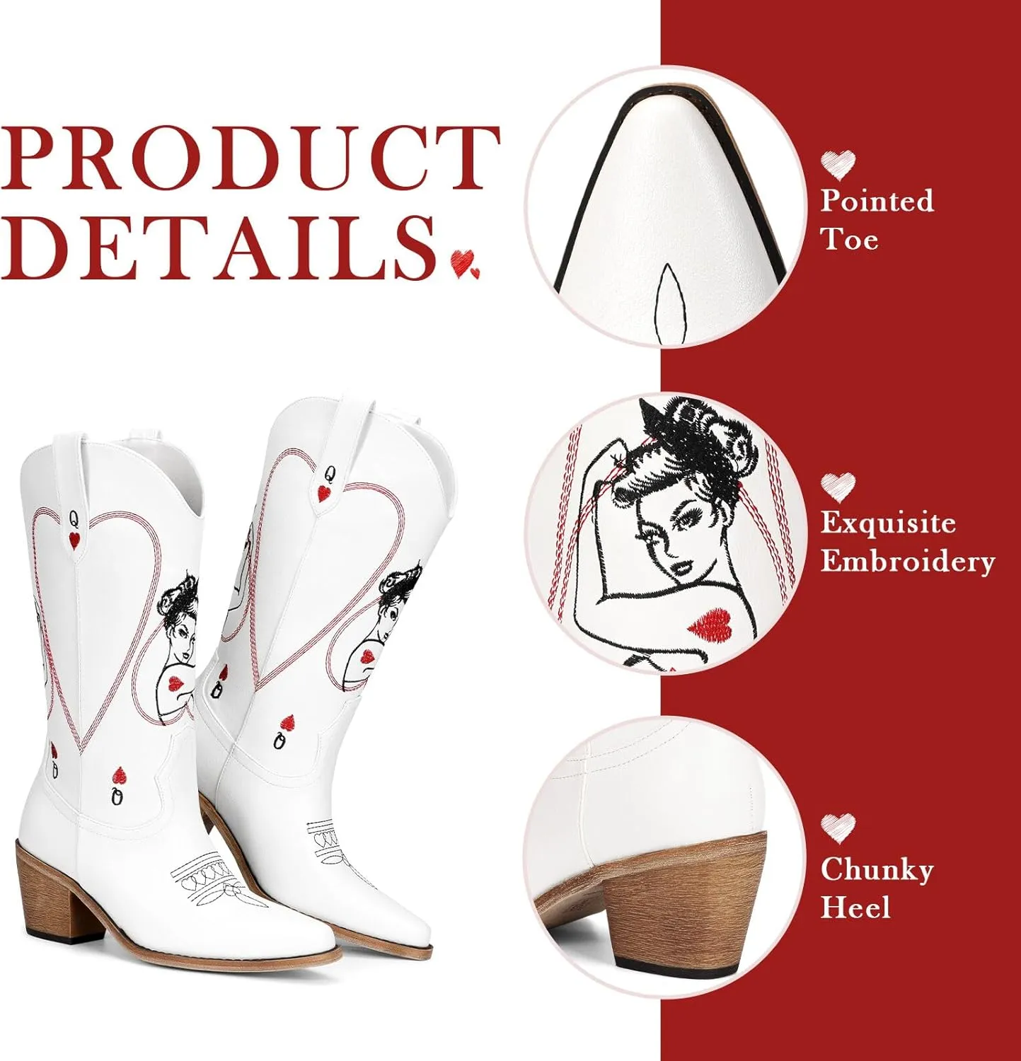 Women's Mid Calf Cowboy Boots - Western Cowgirl Boots with Queen of Hearts Embroidery, Stitched Pointed Toe Pull On Retro Style, Perfect for Parties, Concerts, and More