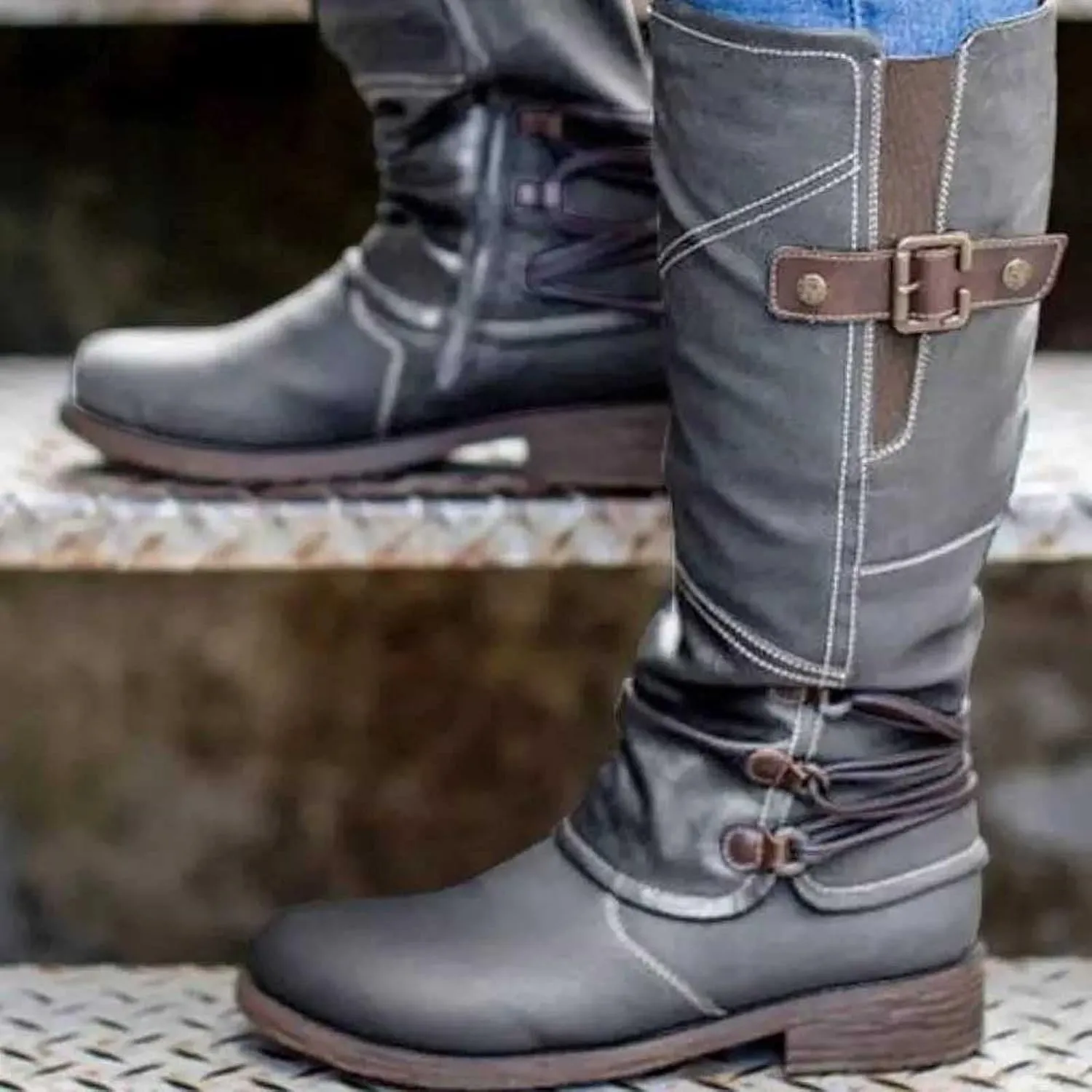 Women's Mid Calf Dress Boots Biker Boots Zipper Round Toe Chunky Low Heel Combat Riding Fashion Winter Boots