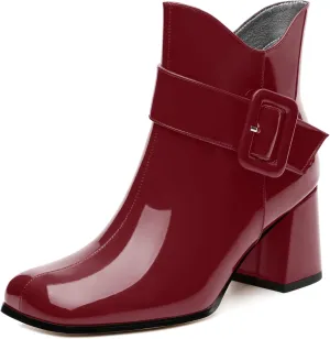 Women's Mid Heel Ankle Boots Square Toe Chunky Heel Short Boots Fashion Side Zipper Solid Patent Booties Comfortable Work Casual Boots