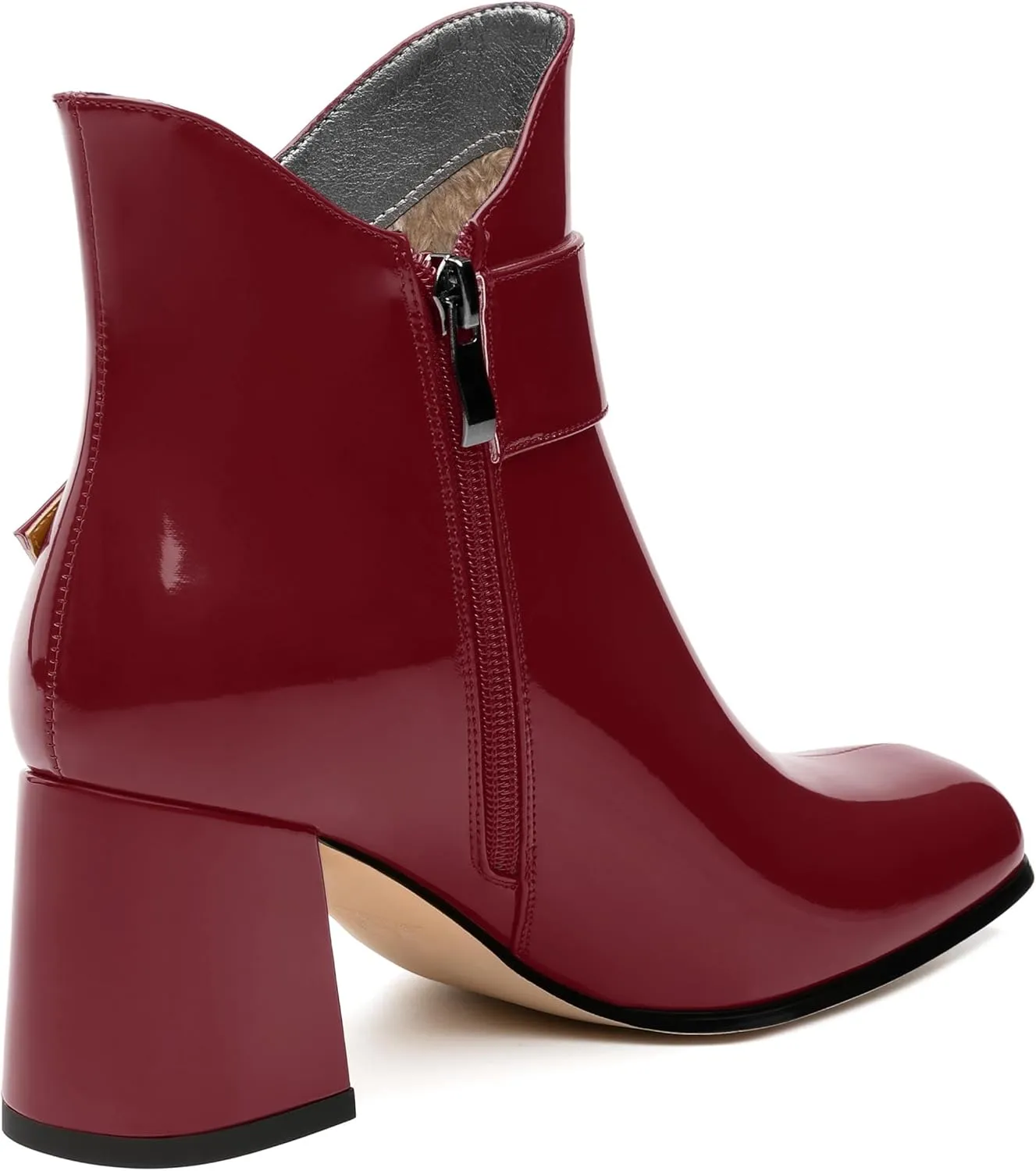 Women's Mid Heel Ankle Boots Square Toe Chunky Heel Short Boots Fashion Side Zipper Solid Patent Booties Comfortable Work Casual Boots