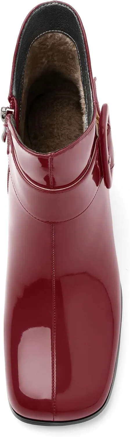 Women's Mid Heel Ankle Boots Square Toe Chunky Heel Short Boots Fashion Side Zipper Solid Patent Booties Comfortable Work Casual Boots