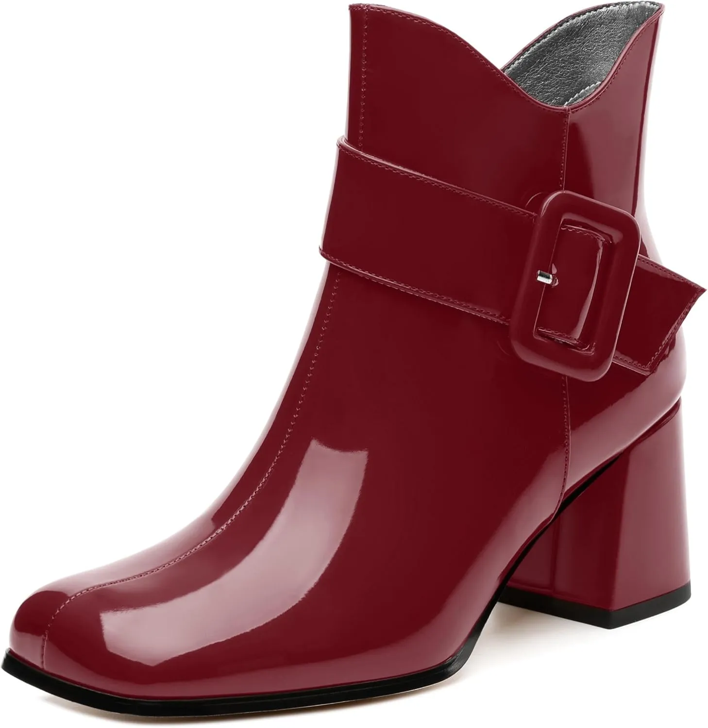 Women's Mid Heel Ankle Boots Square Toe Chunky Heel Short Boots Fashion Side Zipper Solid Patent Booties Comfortable Work Casual Boots