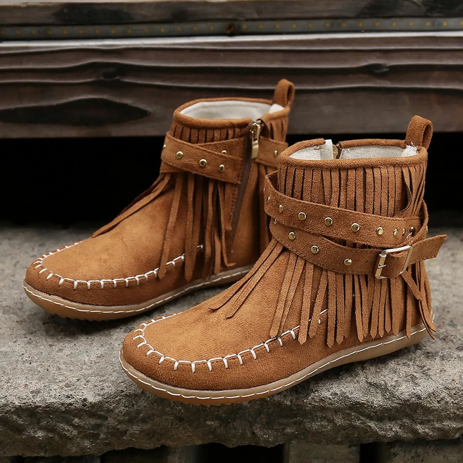 Womens Moccasins Fringe Ankle Boots Retro Tassel Fall Boots Fashion Suede Dress Boots Western Flat Heel Cowboy Boots