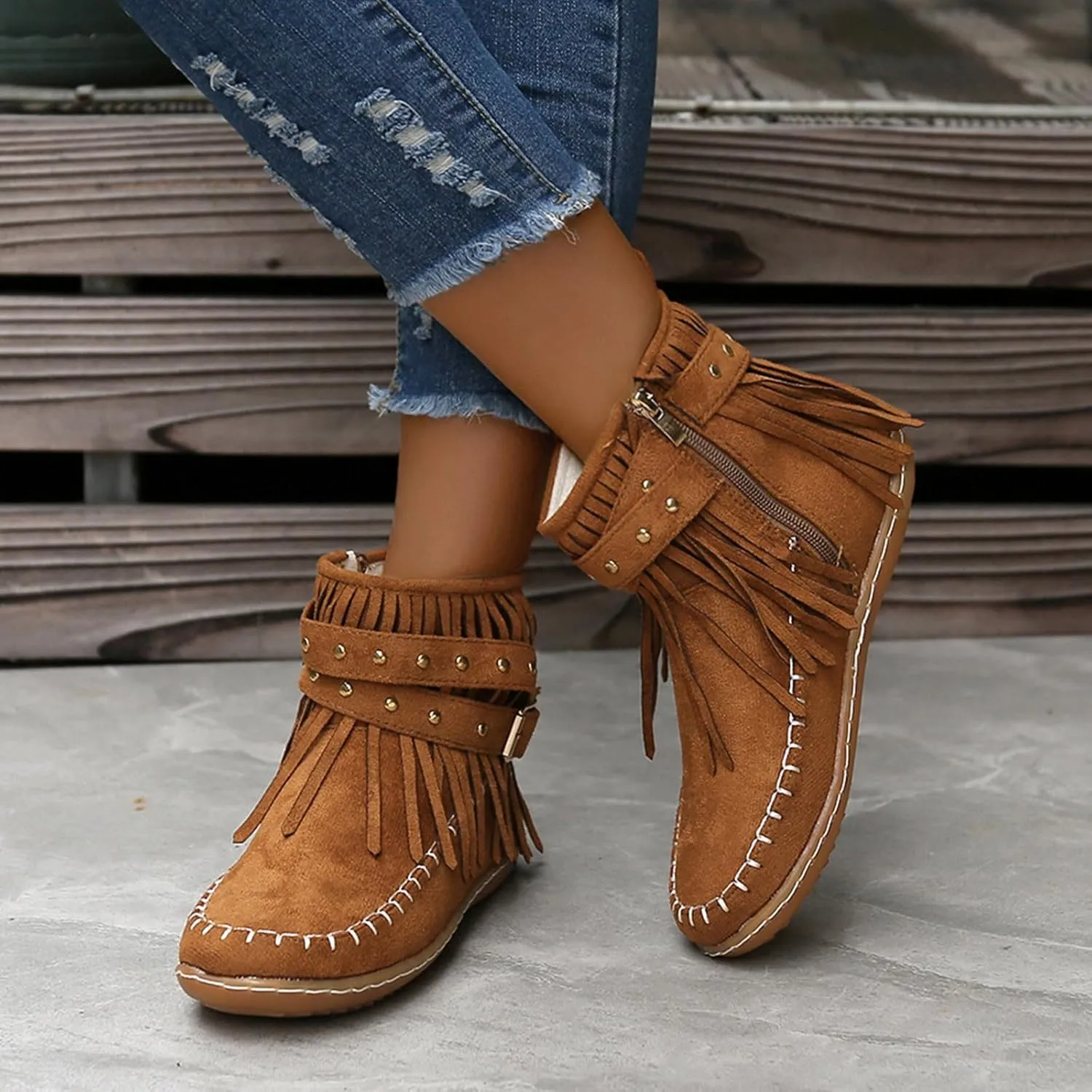 Womens Moccasins Fringe Ankle Boots Retro Tassel Fall Boots Fashion Suede Dress Boots Western Flat Heel Cowboy Boots