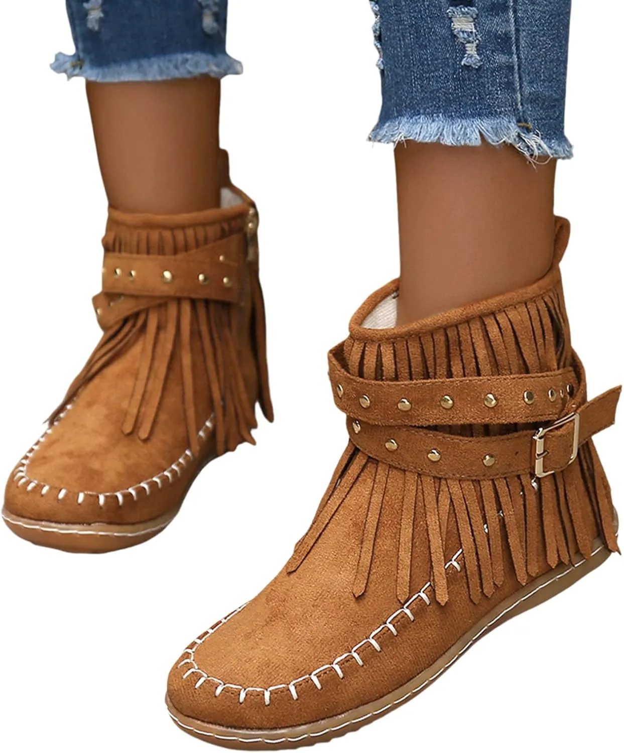 Womens Moccasins Fringe Ankle Boots Retro Tassel Fall Boots Fashion Suede Dress Boots Western Flat Heel Cowboy Boots