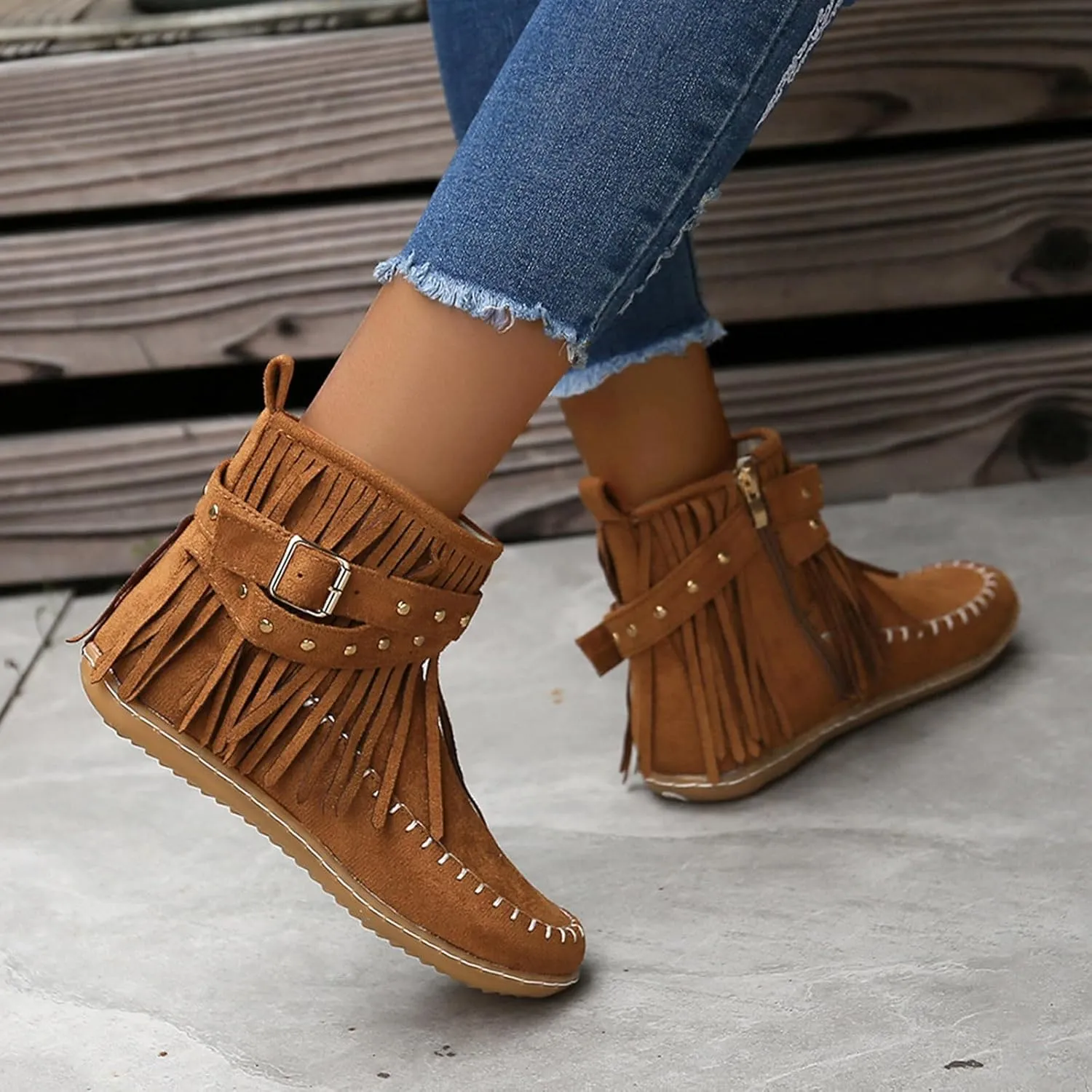 Womens Moccasins Fringe Ankle Boots Retro Tassel Fall Boots Fashion Suede Dress Boots Western Flat Heel Cowboy Boots