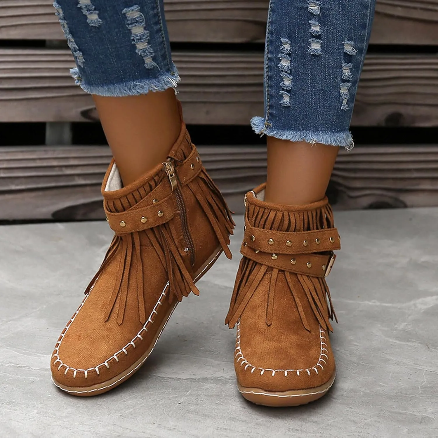 Womens Moccasins Fringe Ankle Boots Retro Tassel Fall Boots Fashion Suede Dress Boots Western Flat Heel Cowboy Boots