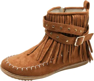 Womens Moccasins Fringe Ankle Boots Retro Tassel Fall Boots Fashion Suede Dress Boots Western Flat Heel Cowboy Boots