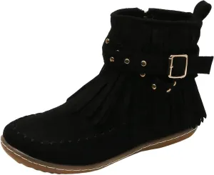 Womens Moccasins Fringe Ankle Boots Vintage Buckle Strap Suede Boots Casual Flat Heel Fall Boots Western Dress Boots