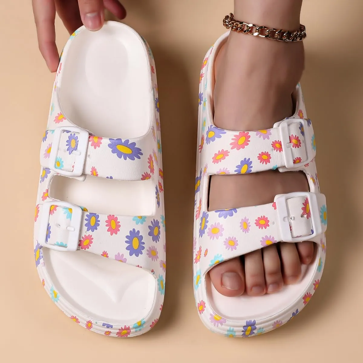 Women's Pillow Sandals Tie-dye EVA Platform Slides with Adjustable Double Buckle and Arch Support for All-Day Comfort