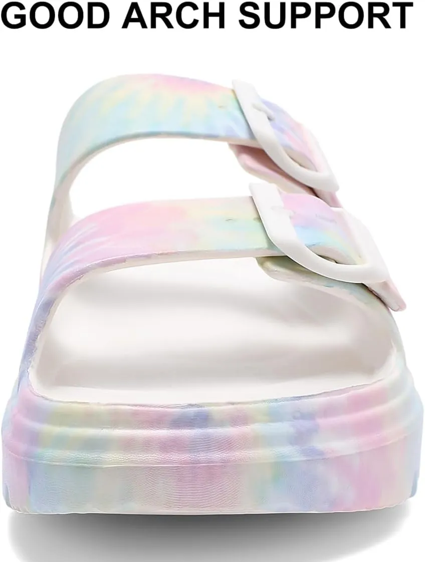 Women's Pillow Sandals Tie-dye EVA Platform Slides with Adjustable Double Buckle and Arch Support for All-Day Comfort