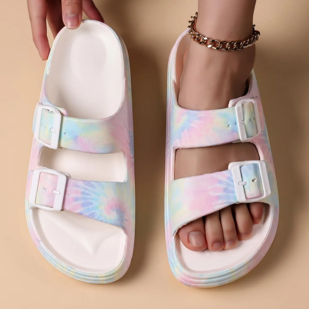 Women's Pillow Sandals Tie-dye EVA Platform Slides with Adjustable Double Buckle and Arch Support for All-Day Comfort