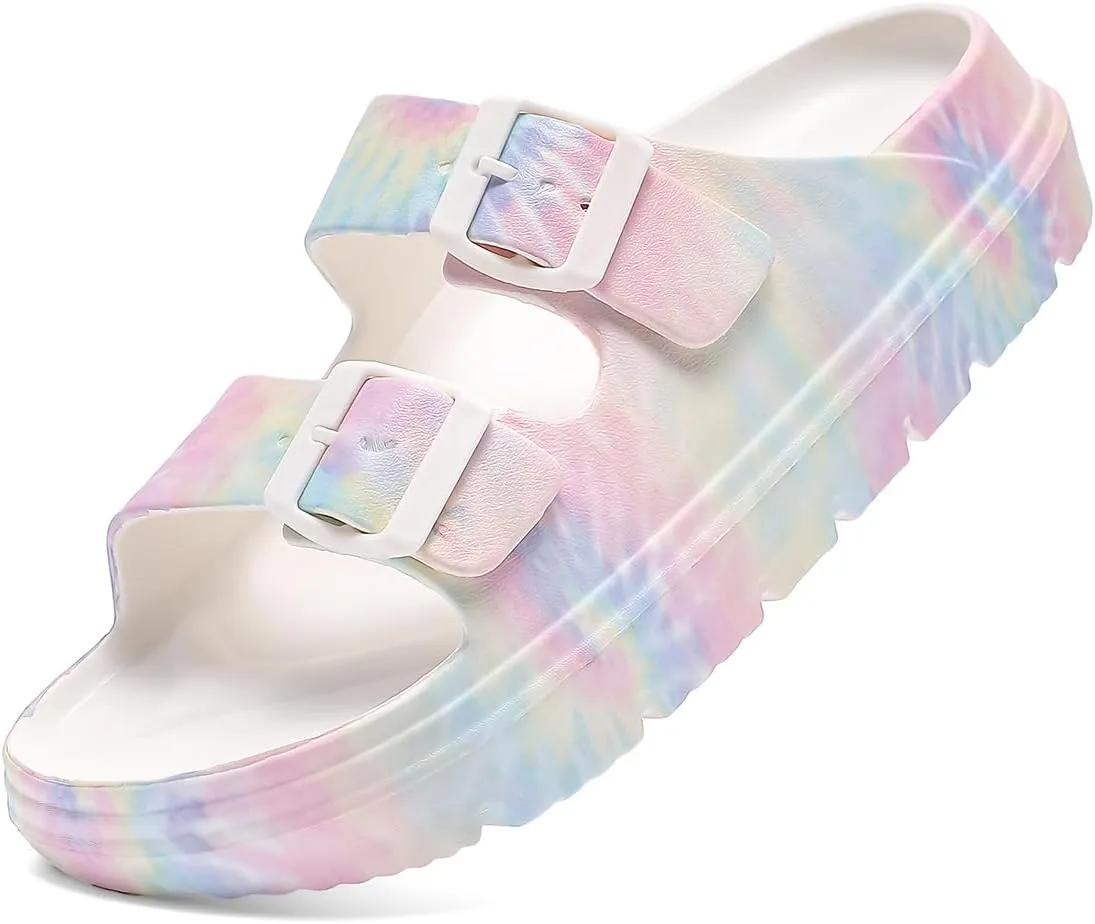 Women's Pillow Sandals Tie-dye EVA Platform Slides with Adjustable Double Buckle and Arch Support for All-Day Comfort