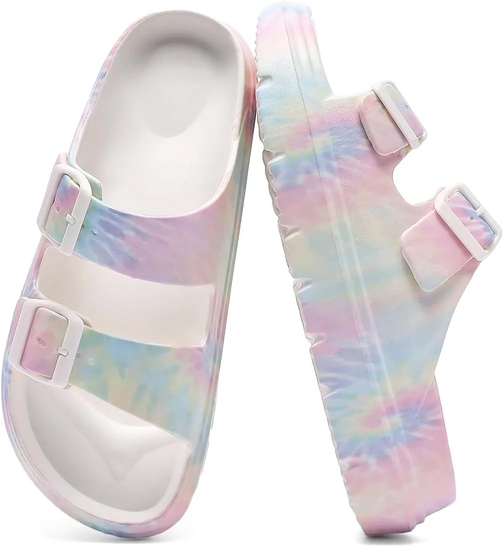 Women's Pillow Sandals Tie-dye EVA Platform Slides with Adjustable Double Buckle and Arch Support for All-Day Comfort