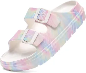 Women's Pillow Sandals Tie-dye EVA Platform Slides with Adjustable Double Buckle and Arch Support for All-Day Comfort