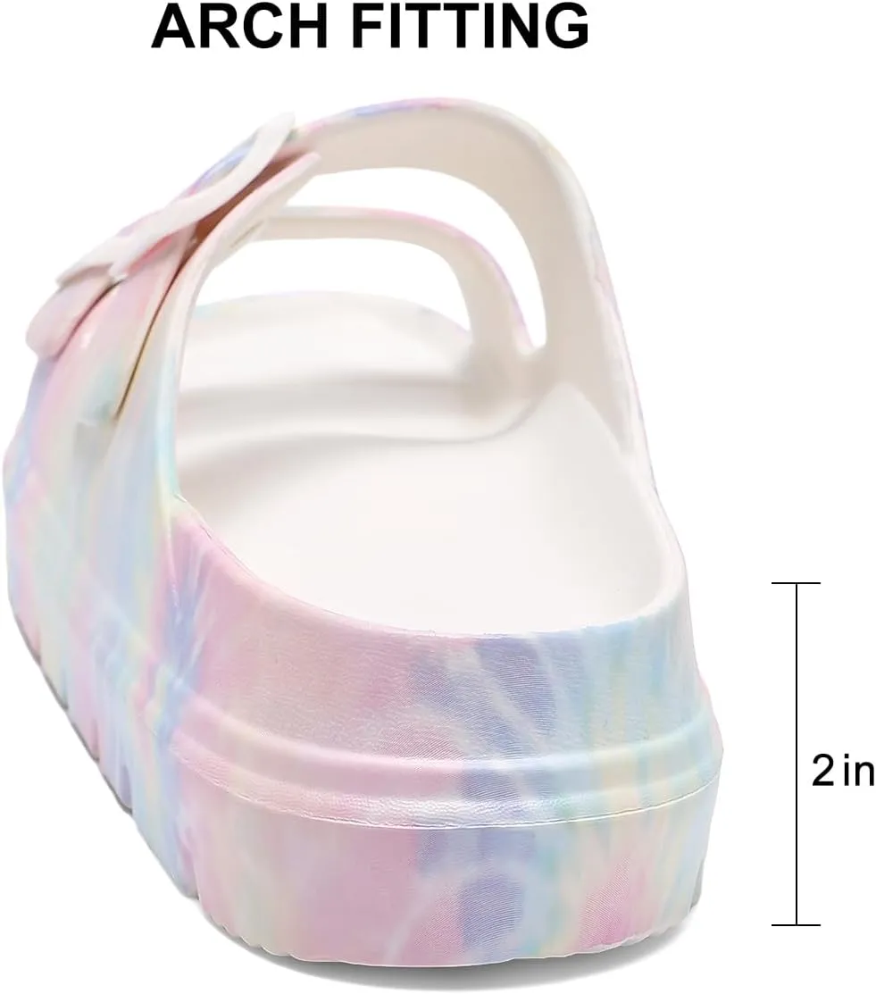 Women's Pillow Sandals Tie-dye EVA Platform Slides with Adjustable Double Buckle and Arch Support for All-Day Comfort