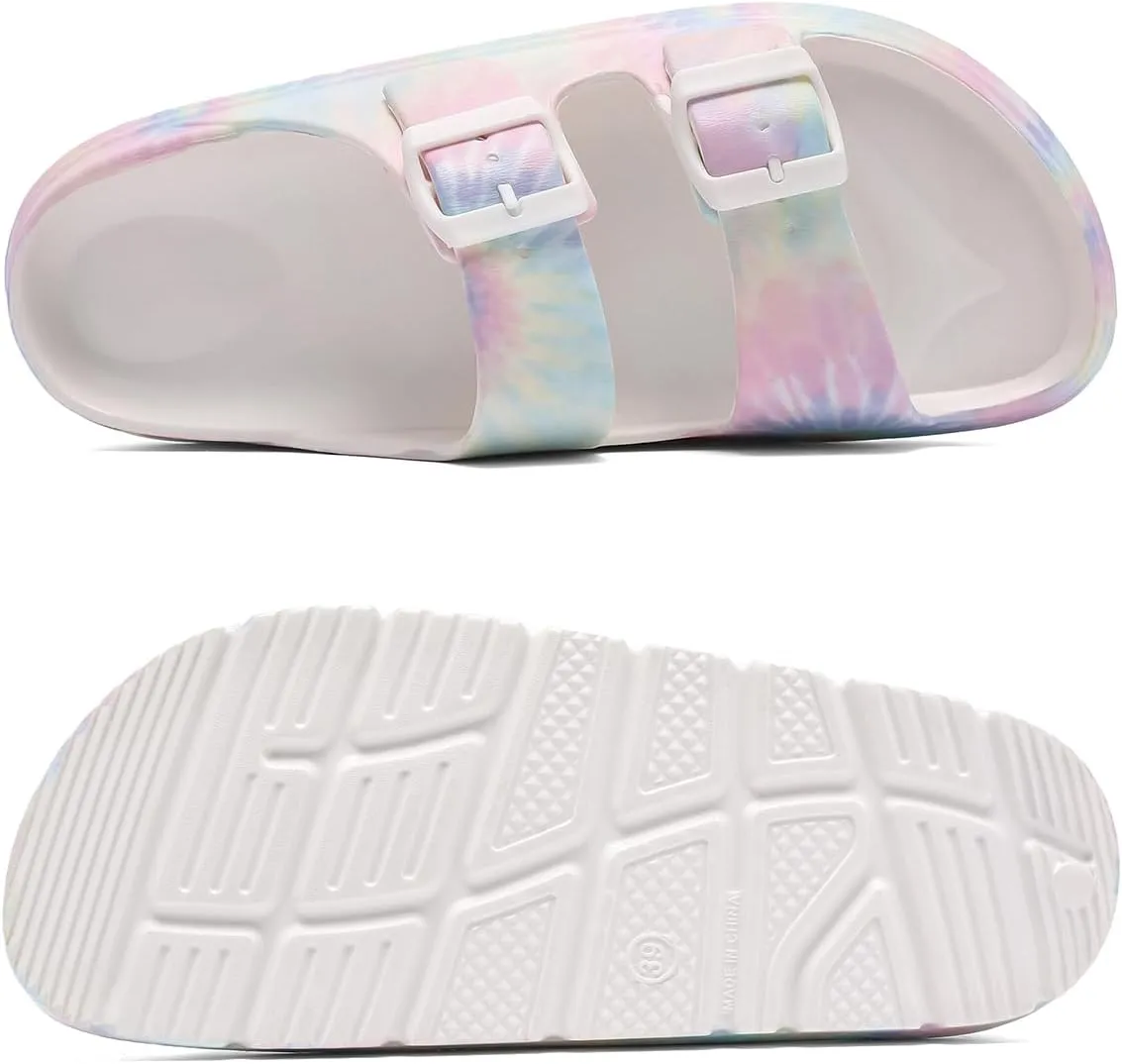 Women's Pillow Sandals Tie-dye EVA Platform Slides with Adjustable Double Buckle and Arch Support for All-Day Comfort