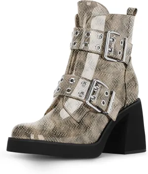 Women's Platform Chunky Heel Buckle Ankle Boots Patent Leather Side Zipper Booties