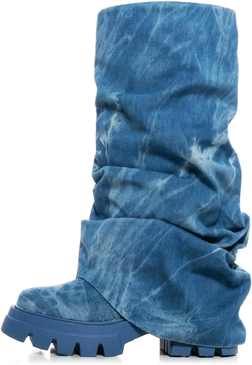 Women's Platform fold over Round Toe Chunky Heel wide calf Boots Fashion Pull-On Party Slouchy Shark Mid Calf Shoes