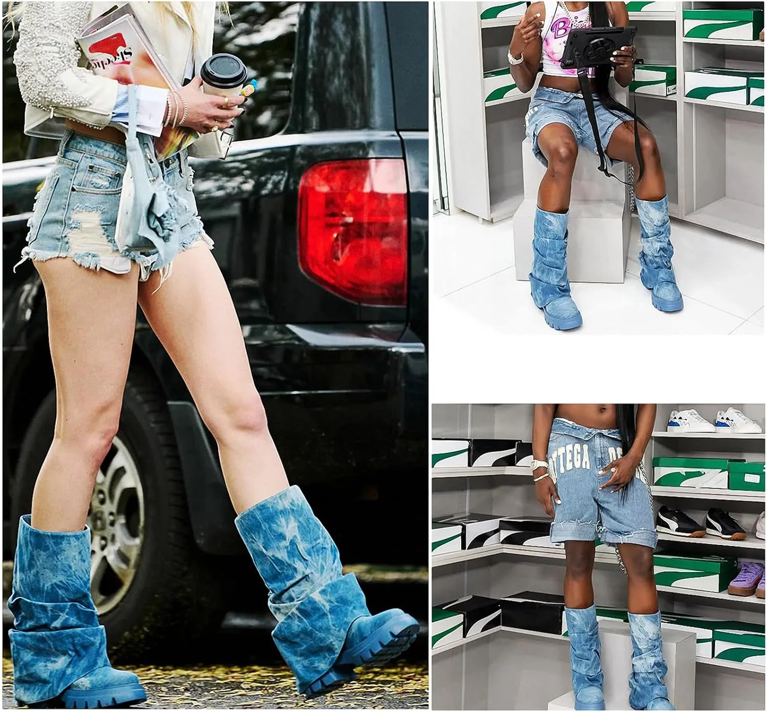 Women's Platform fold over Round Toe Chunky Heel wide calf Boots Fashion Pull-On Party Slouchy Shark Mid Calf Shoes