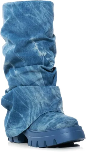 Women's Platform fold over Round Toe Chunky Heel wide calf Boots Fashion Pull-On Party Slouchy Shark Mid Calf Shoes