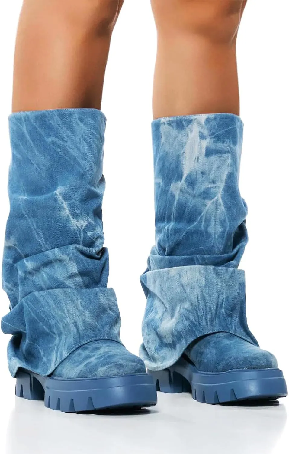 Women's Platform fold over Round Toe Chunky Heel wide calf Boots Fashion Pull-On Party Slouchy Shark Mid Calf Shoes