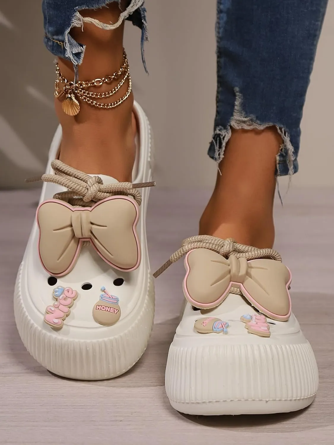 Women's Platform Slide Sandals with Bow and Flower Charms, Cavernous Upper
