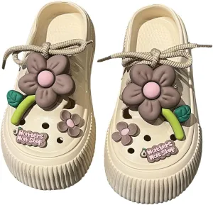 Women's Platform Slide Sandals with Bow and Flower Charms, Cavernous Upper