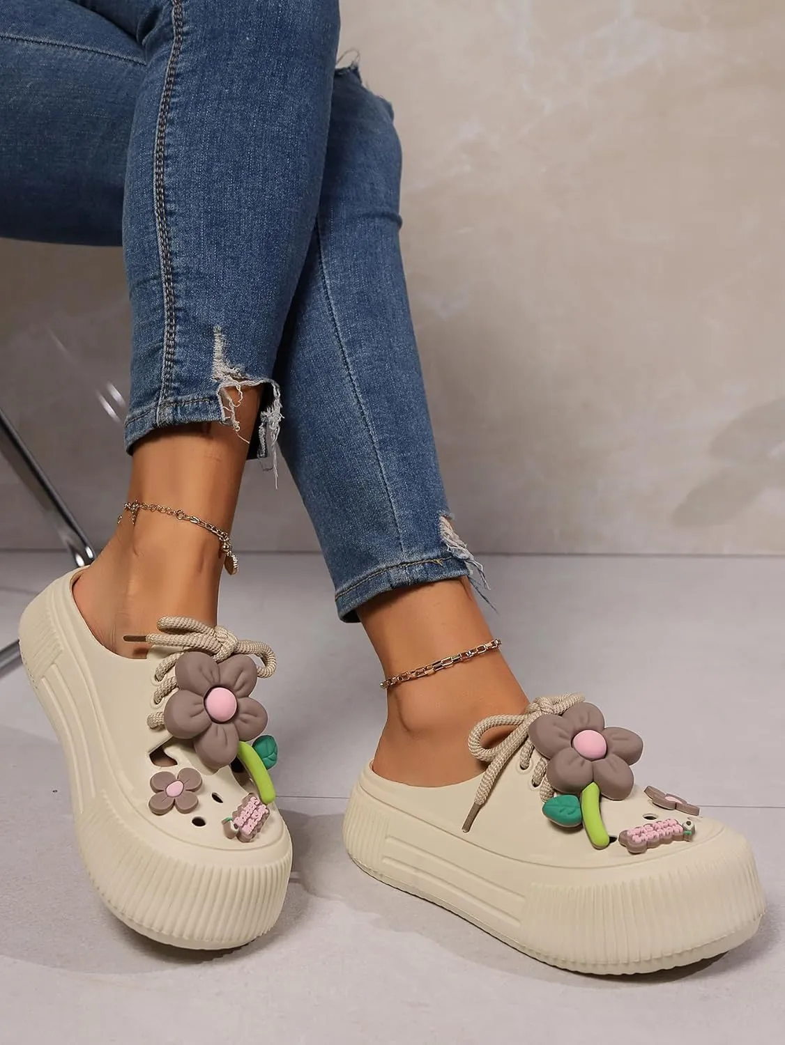 Women's Platform Slide Sandals with Bow and Flower Charms, Cavernous Upper