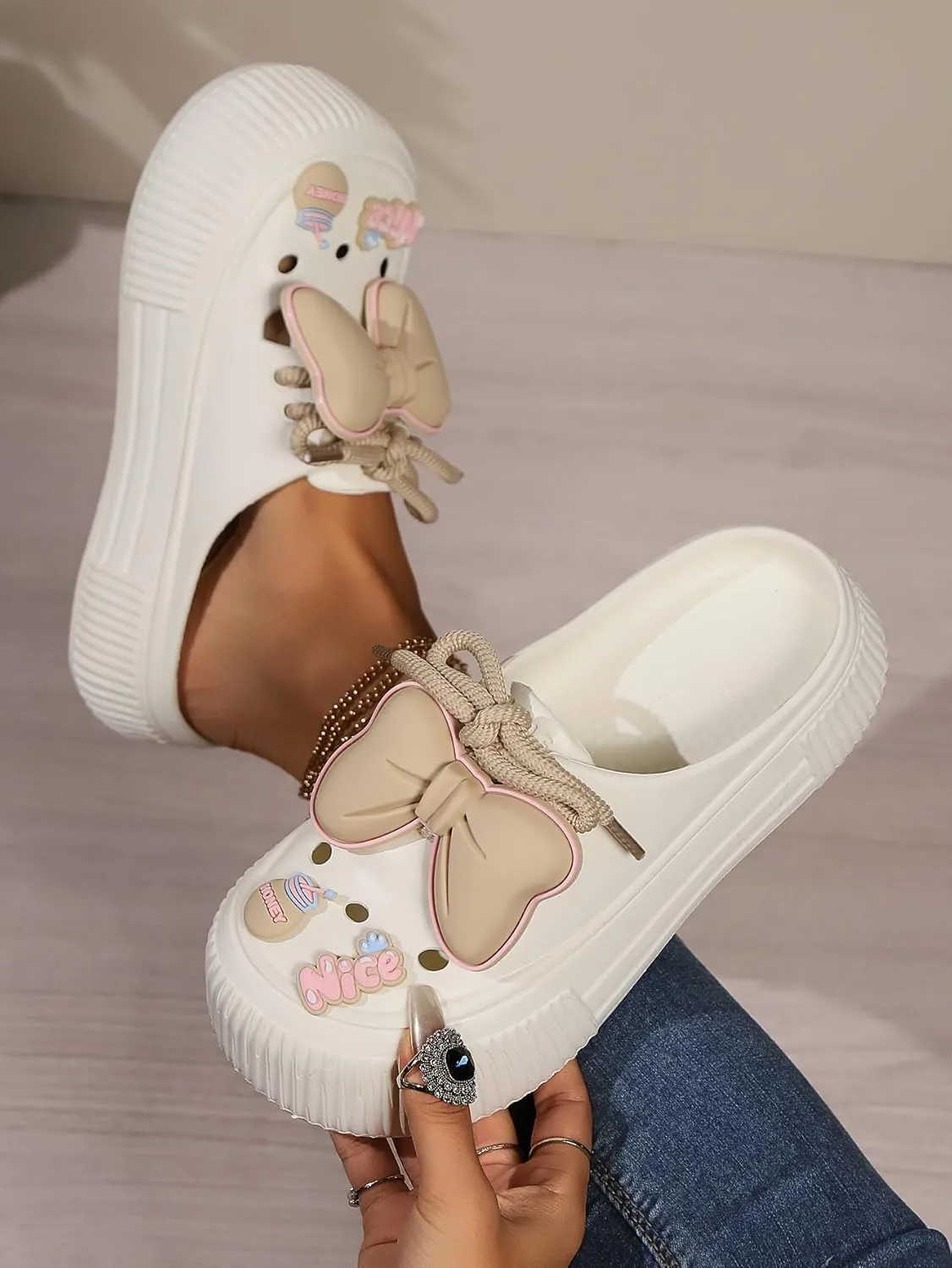 Women's Platform Slide Sandals with Bow and Flower Charms, Cavernous Upper