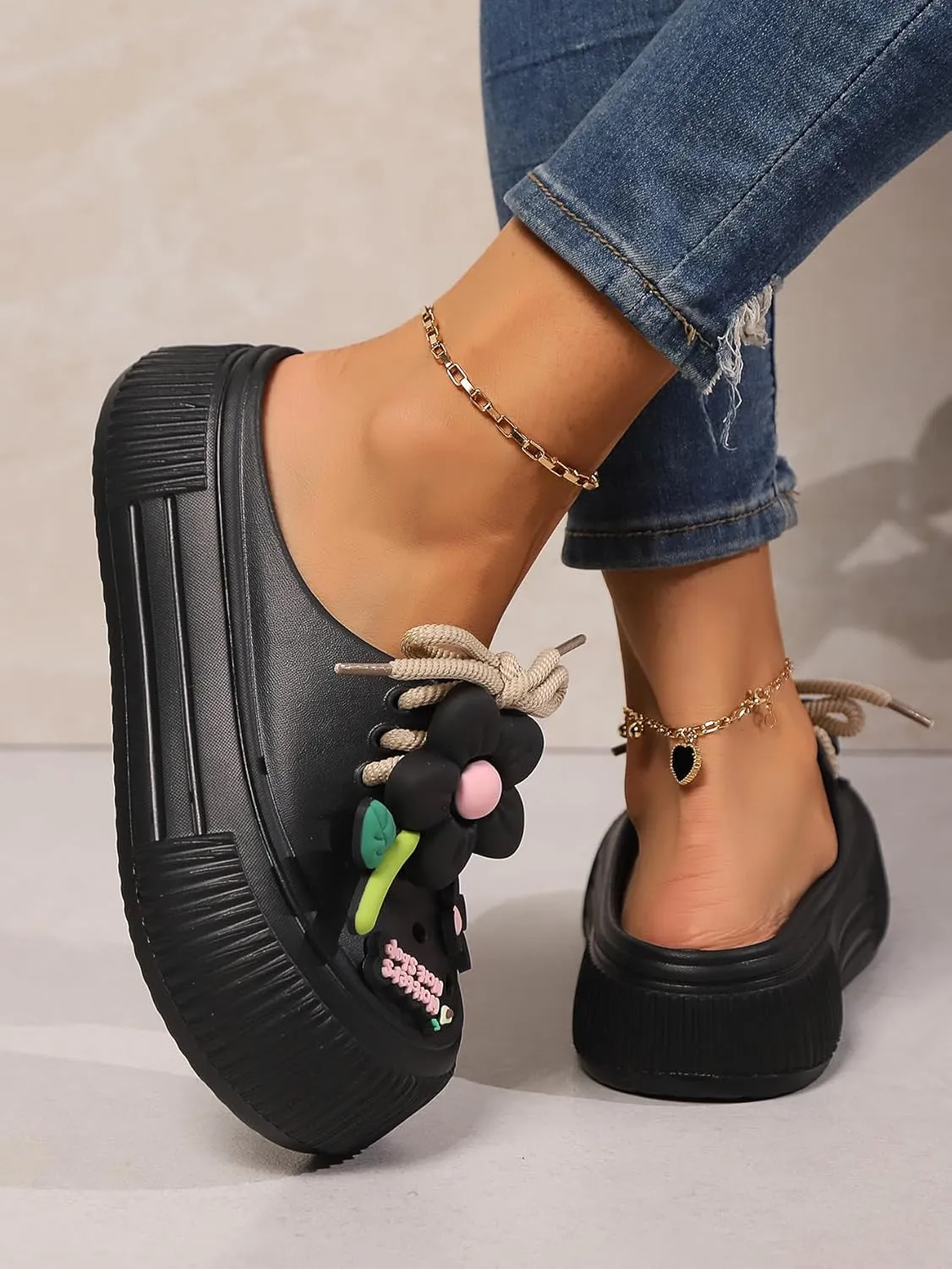 Women's Platform Slide Sandals with Bow and Flower Charms, Cavernous Upper
