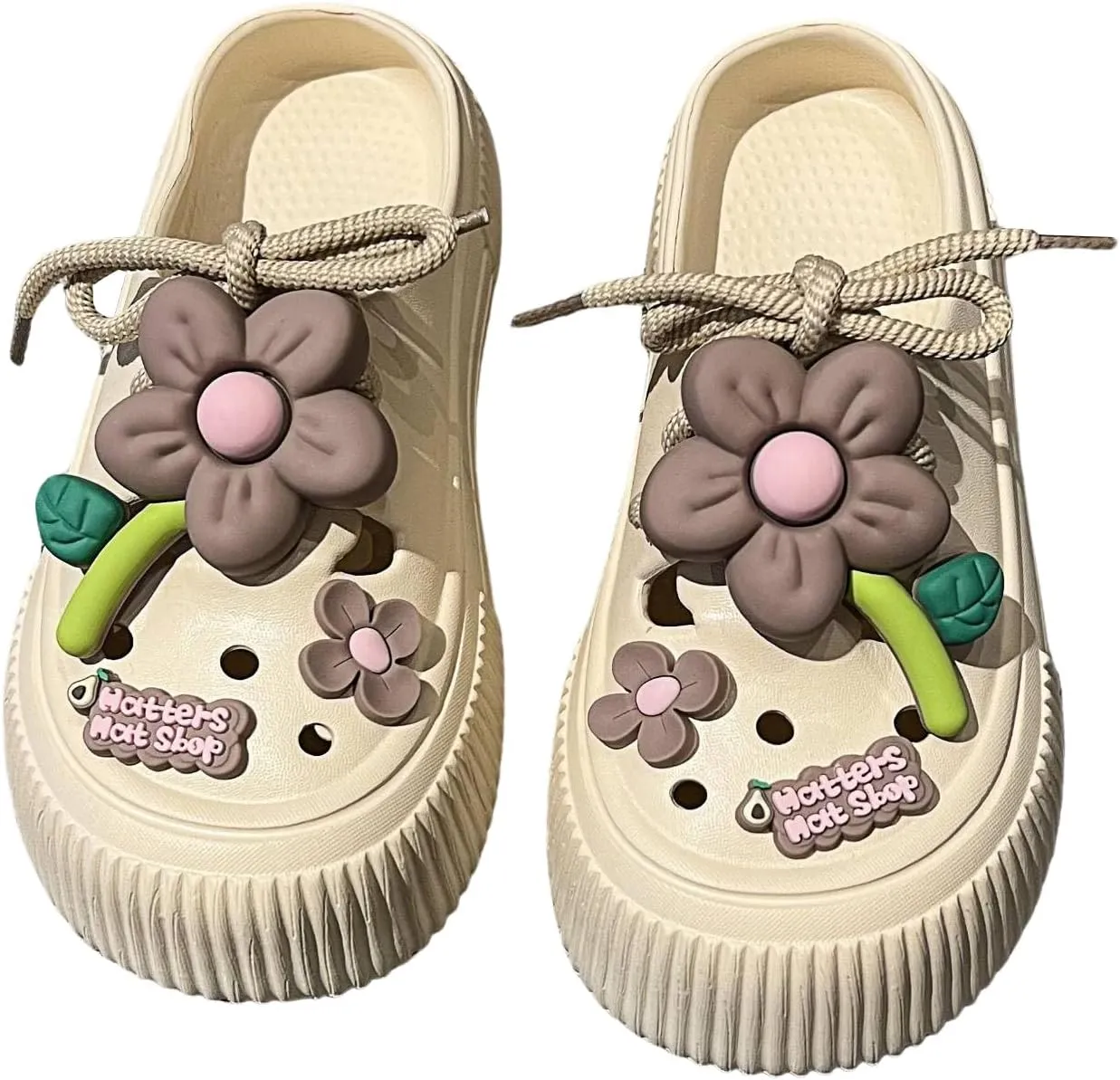 Women's Platform Slide Sandals with Bow and Flower Charms, Cavernous Upper