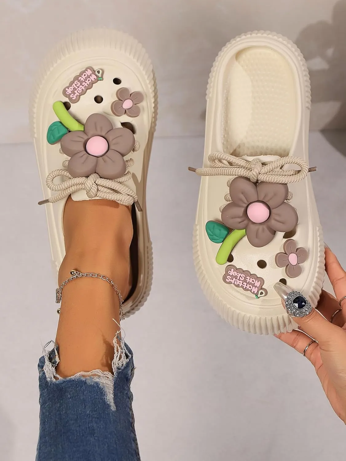 Women's Platform Slide Sandals with Bow and Flower Charms, Cavernous Upper