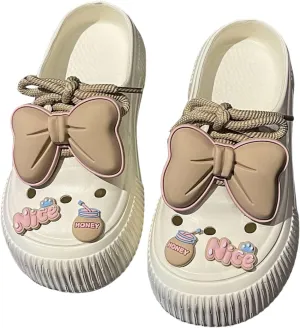Women's Platform Slide Sandals with Bow and Flower Charms, Cavernous Upper