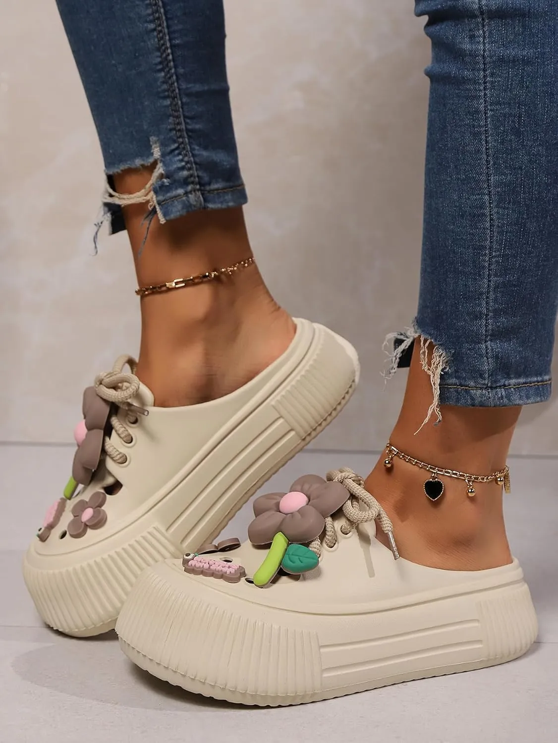 Women's Platform Slide Sandals with Bow and Flower Charms, Cavernous Upper