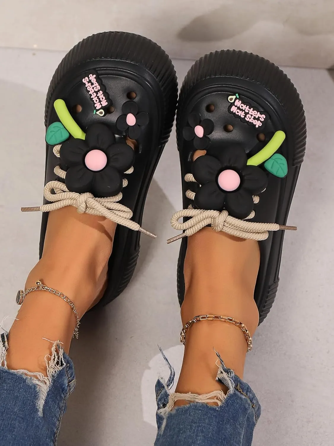 Women's Platform Slide Sandals with Bow and Flower Charms, Cavernous Upper
