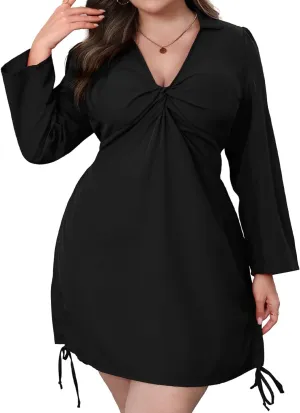 Women‘s Plus Size Dress Long Sleeve V Neck A Line Mini Short Cocktail Summer Casual Dress