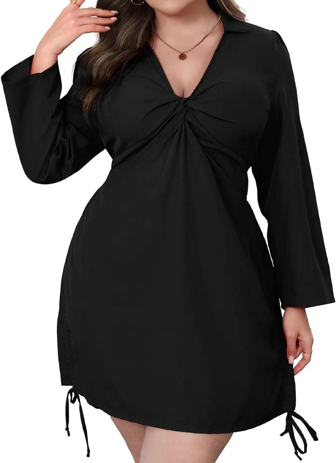 Women‘s Plus Size Dress Long Sleeve V Neck A Line Mini Short Cocktail Summer Casual Dress