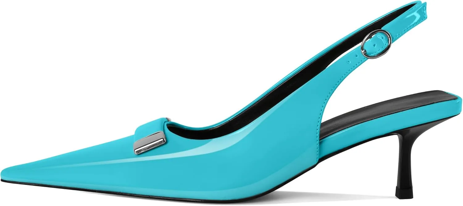 Women's Pointed Toe Slingback Heels Metal Buckle Ankle Strap Kitten Low Heel Pumps 2 Inch Stylish Retro Women Shoes