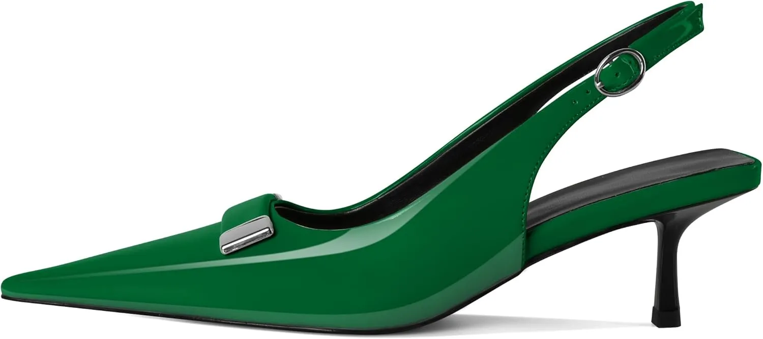 Women's Pointed Toe Slingback Heels Metal Buckle Ankle Strap Kitten Low Heel Pumps 2 Inch Stylish Retro Women Shoes