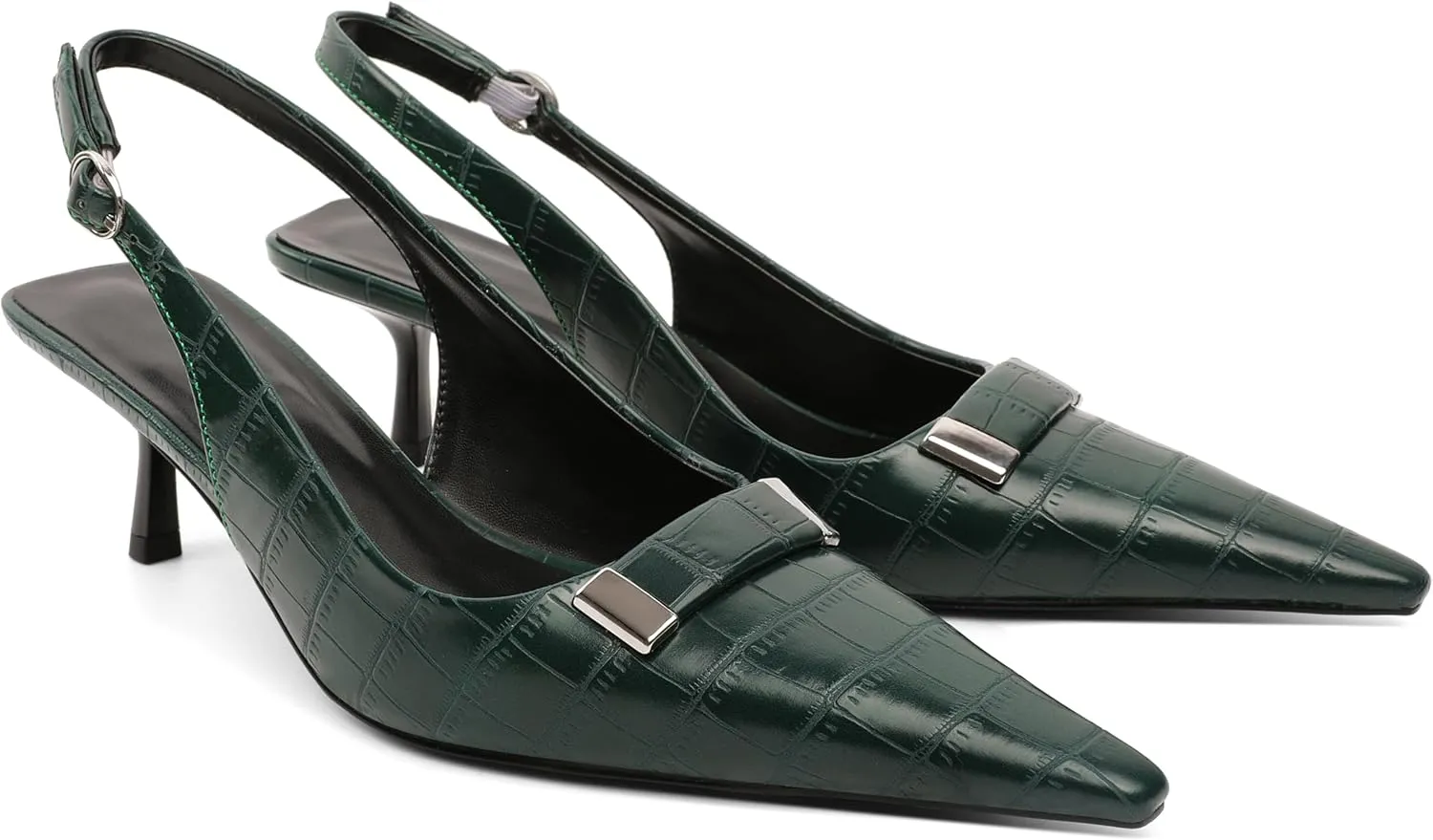 Women's Pointed Toe Slingback Heels Metal Buckle Ankle Strap Kitten Low Heel Pumps 2 Inch Stylish Retro Women Shoes